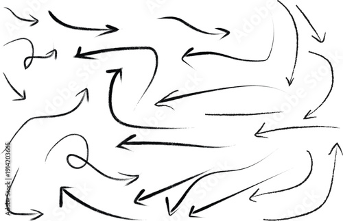 Set of black hand-drawn arrows, grunge charcoal pointer icons, and sketched directional symbols isolated on white background