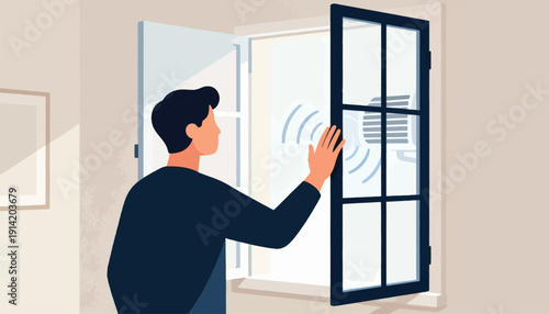Person opens a window to an air conditioner, with wavy lines indicating cooling