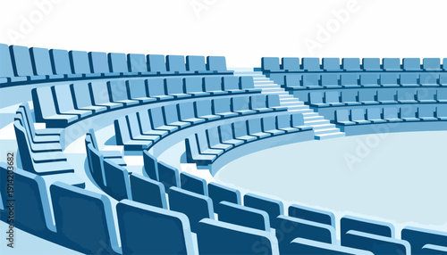 Empty blue tiered seating arranged in a wide circle around a central area