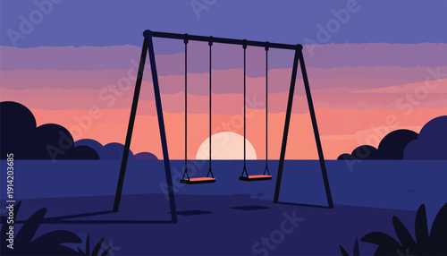 Serene playground swings under a vibrant sunset sky