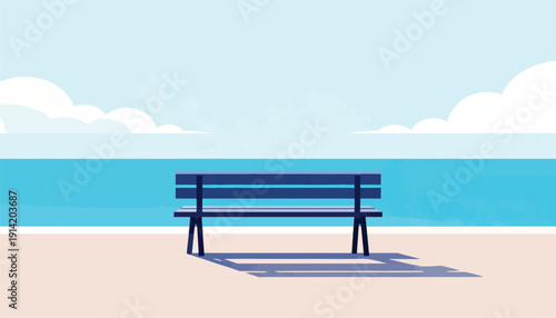 Solitary bench awaits by tranquil ocean under a cloudy sky