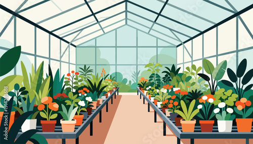 A lush greenhouse filled with potted plants and vibrant floral displays