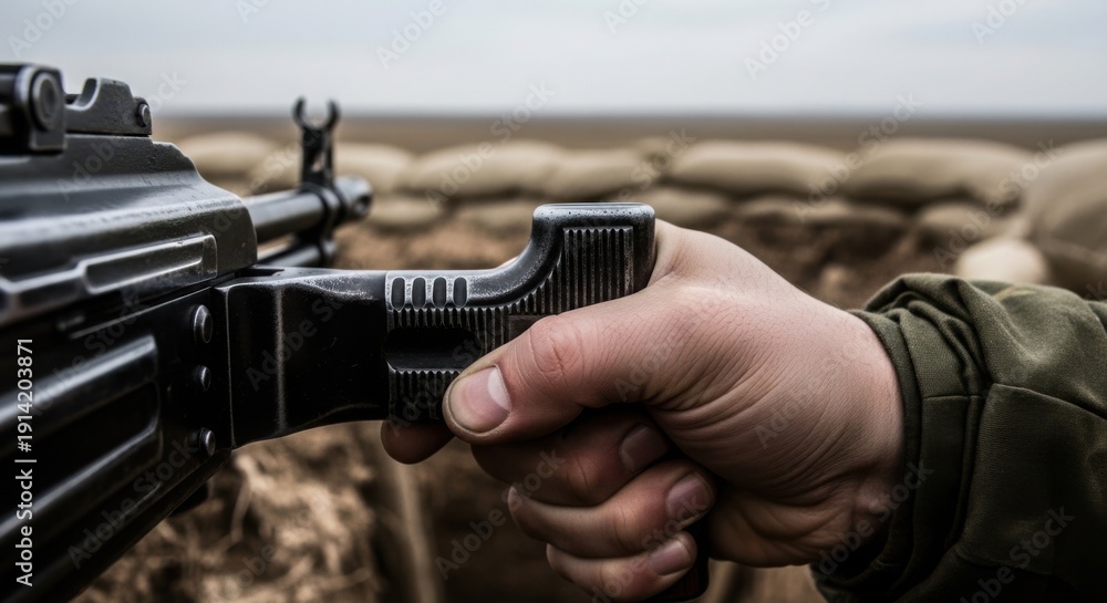 Obraz premium Close up view of military rifle held firmly by soldier's hand, positioned in muddy trench with sandbag fortifications, reflecting serious combat situation. Military rifle symbolizes conflict, defense,