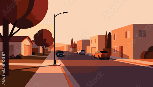 Suburban street lined with houses and cars at sunset