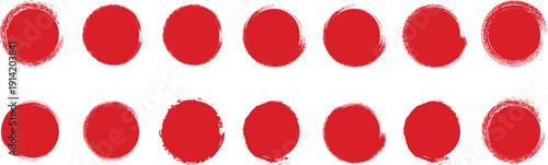 Set of red grunge circle brush strokes, hand-drawn ink round splatters and textured sun shapes isolated on white background