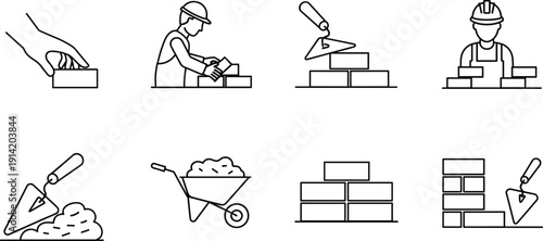 Bricklaying and Masonry Line Icon Vector Set Showing Construction Workers, Trowels, Bricks, Wall Building Process, and Manual Labor Symbols