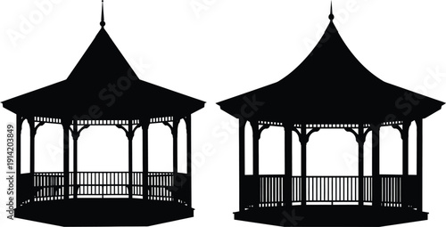 Two black silhouettes of gazebos