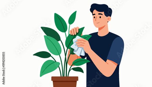 Man gently wiping dust off a lush green houseplant leaf