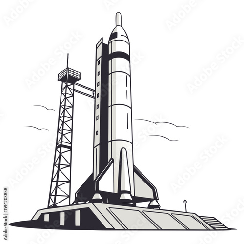 Black and white of a rocket on a launchpad space monochrome