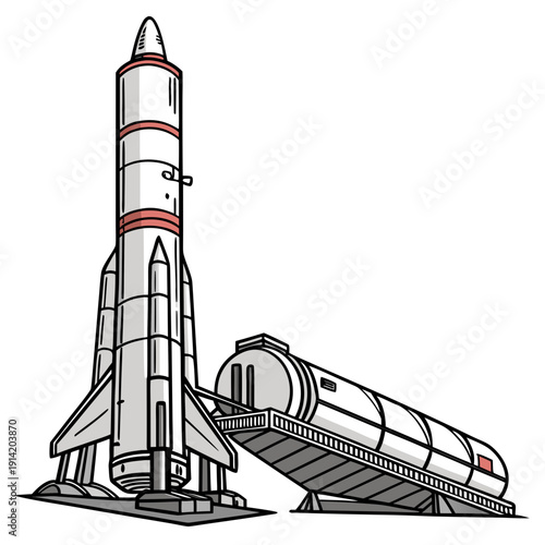 Cartoon rocket on launchpad with service tower spacecraft