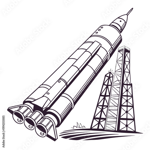 Black and white of a rocket launching from a tower