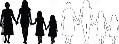 Illustration of diverse family groups holding hands and walking together