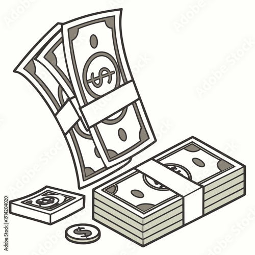 Stacked money bills and coins with dollar signs dollars