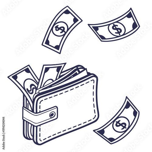 Wallet with cash flying out money dollars bills