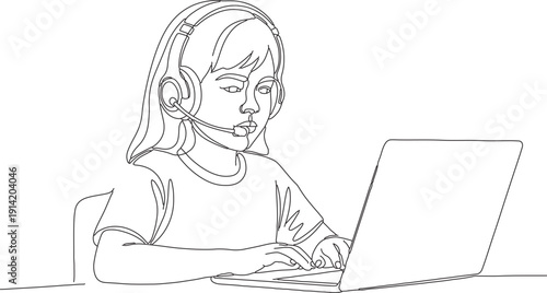 Young girl with headset and laptop actively engaging in online learning or virtual communication for remote education and support