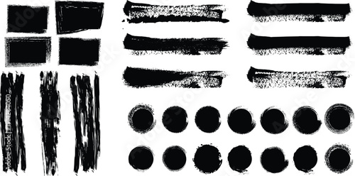 Set of heavy black grunge brush strokes, textured ink banners, rectangular frames and circular dot elements isolated on white background
