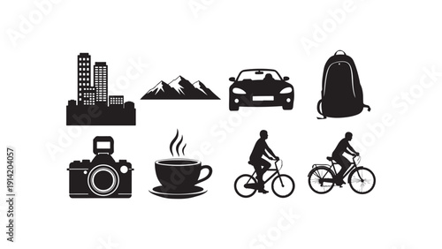 black silhouette icons of travel and tourism objects and people