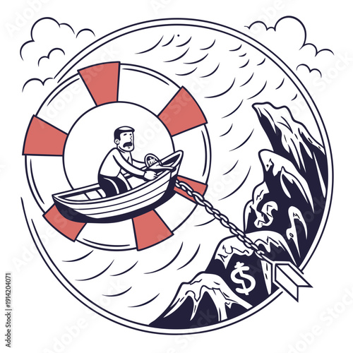 Man in small boat holding lifebuoy tied to money on cliff