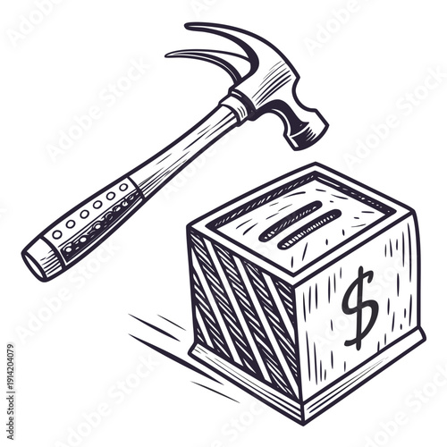 Hammer hitting dollar box money box black and white
