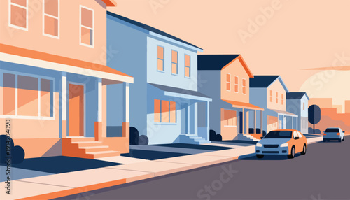 A row of suburban houses in muted tones with cars on the street