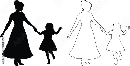 Two families holding hands walking together in vintage illustration style