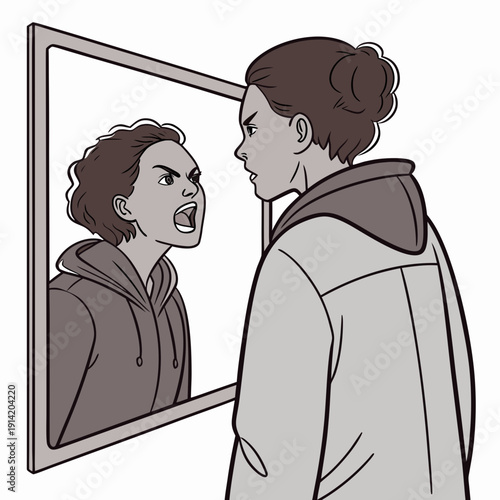 Woman looking at angry reflection in mirror arguing