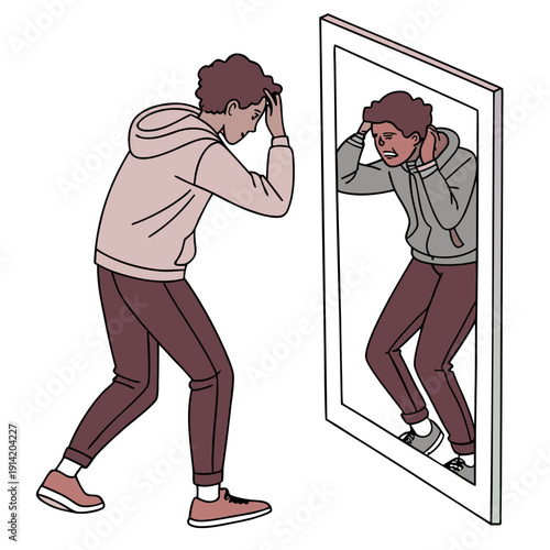 Man in pink hoodie looking at reflection in mirror with stressed expression