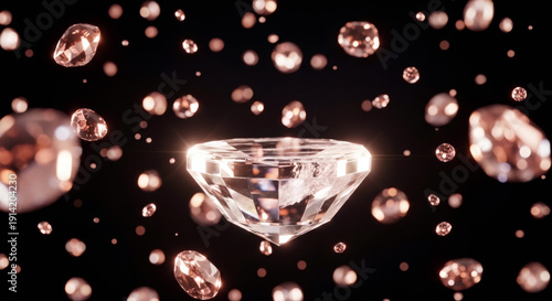 Sparkling diamond surrounded by floating gemstones in dark space
