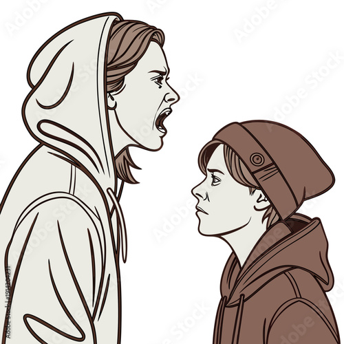 Angry man and teenager facing each other confrontation