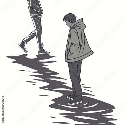 Grayscale of a boy standing still while another person walks away