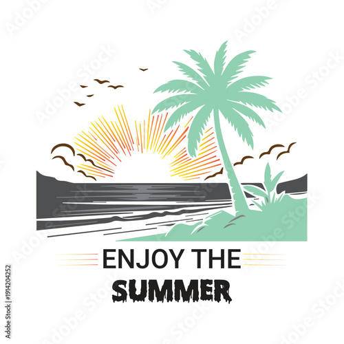 Vibrant summer beach scene with palm tree at sunset