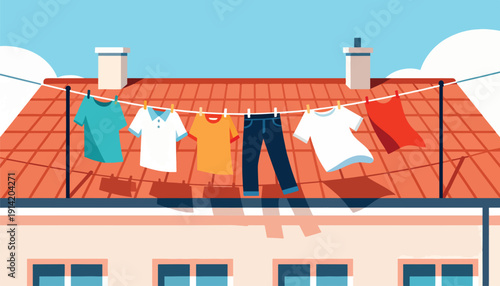Clothes drying on a clothesline on a rooftop with chimneys and blue sky