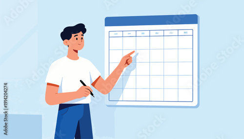 Man pointing at a calendar grid with a pen, planning