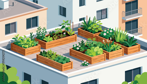 Urban rooftop garden with various plants in wooden planters