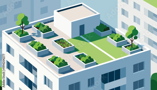 Rooftop garden with planters and trees on apartment buildings
