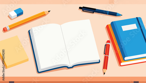 Flat illustration of a desk with an open notebook, books, pens, and pencils