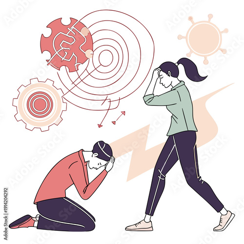 Stressed couple with puzzle piece and gears frustrated