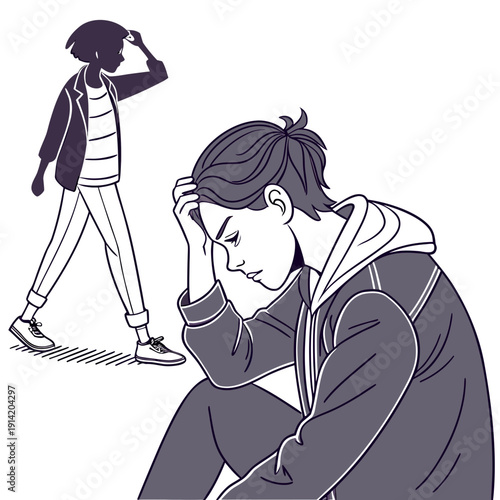 Man sits stressed while woman walks away frustration