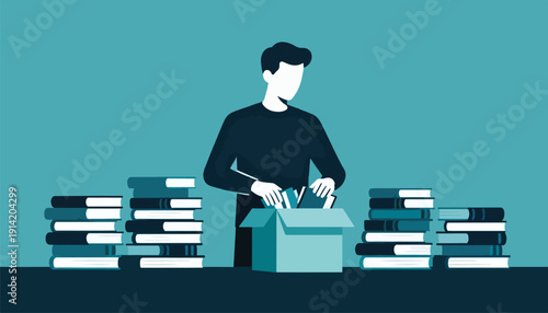 Person packing books into a box with stacks of books on a table