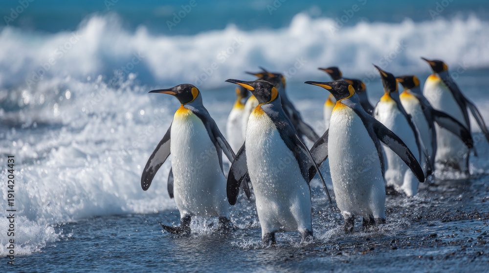 Fototapeta premium King penguin colony returning from the sea to a rocky beach with ocean waves and blue sky in the background, south Georgia, Antarctica
