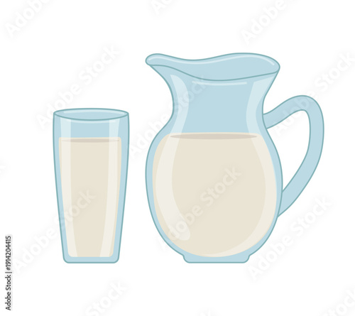 A glass jug and glass of fresh milk. Natural milk, a healthy drink. Healthy lifestyle. Farm dairy product. Tableware. Isolated background.