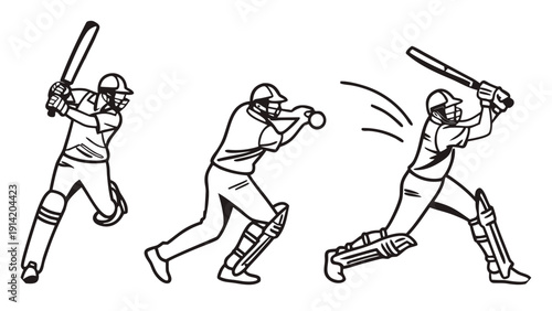 Three line art illustrations of a cricket batsman in action on a white background player sport