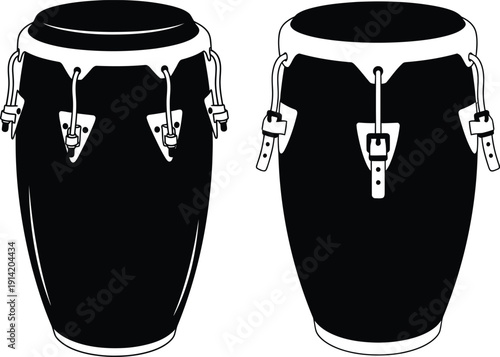 A pair of black congas with white hardware