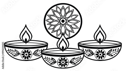 Three ornate oil lamps with flames and a circular floral design, symbolizing Diwali diya light