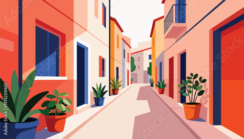 Minimalist street scene with potted plants and colorful buildings