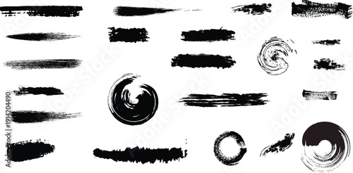 Set of black ink brush strokes, grunge paint textures, hand-drawn swirls and spiral splatters isolated on white background