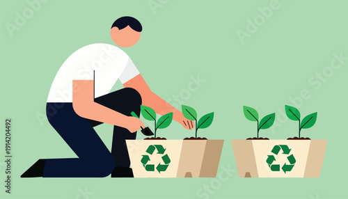 Person planting seedlings in pots marked with recycling symbols