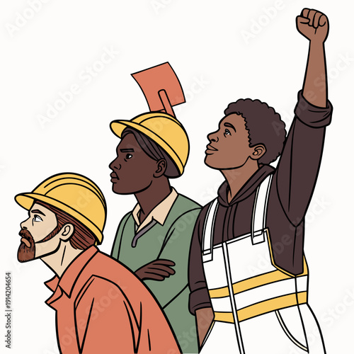 Workers in solidarity with one fist raised protest