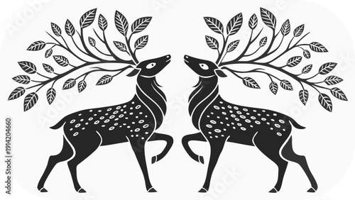 Two black stags with leafy antlers facing each other on white background deer animal