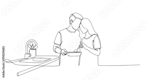Couple Cooking Together in Kitchen Illustrative Line Art